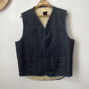 Vintage Roebucks Sears denim vest sherpa‎ lined snap front western 70s dark L